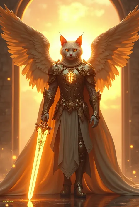 Christian Cat Paladin: A towering, holy cat knight in full armor, with large angelic wings and a sword glowing with holy light. The cat is surrounded by radiant light as it stands at the gates of a shining city, with Christian symbols etched into its armor...