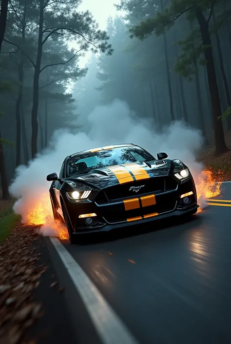 Black Mustang with yellow stripes car runing on a road weel get flame in night forest in smoke 