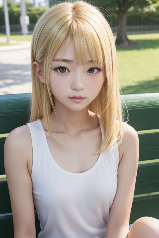 (Real),８KCG,High resolution,Create a photo of a Korean Asian teenager,beautiful girl, ((Blonde)),9yo,Narrow eyes:1.5,Slim Face,Underarm,White tank top,No arm hair,Small Face,Slim Face,Ask,Sit on outdoor park bench,
1人の女の子, 足をフレーム外へ,(((もっと平らな胸:1.5))), mostr...