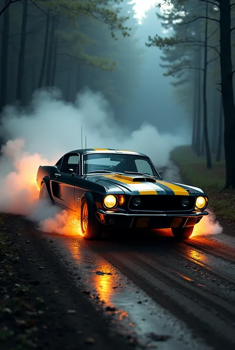 Black Mustang with yellow stripes car drit on a road weel get flame in night forest in smoke 