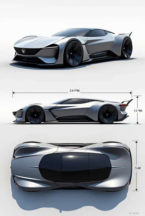 Give me new car design with Top, side and bottom view with 2D dimansion give Top view also with back side view 