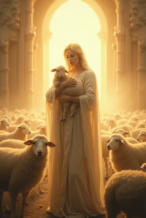 Heavenly Jerusalem Mother carrying a lamb, surrounded by sheep, bright light hides her face. Her face should not be visible 