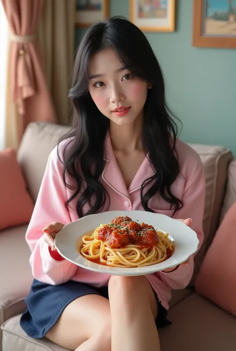 "K-POP style women&#39;s realistic images、Korean Beauty, length, Wavy black hair. She is eating pasta with meat sauce in her hand on the sofa in her living room at home.、She is wearing pink pajamas., Navy Mini Skirt, White sneakers. 