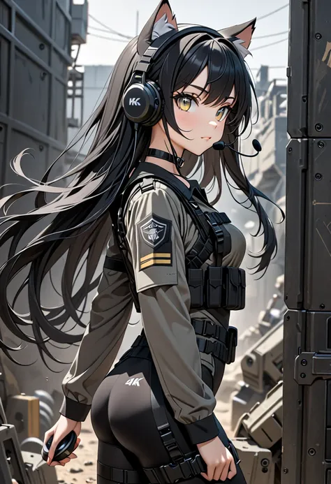 8k ultra high-quality, ultra-detailed, high quality, black hair, long hair, headset, goggles, cat girl, grey tactical clothes, m...