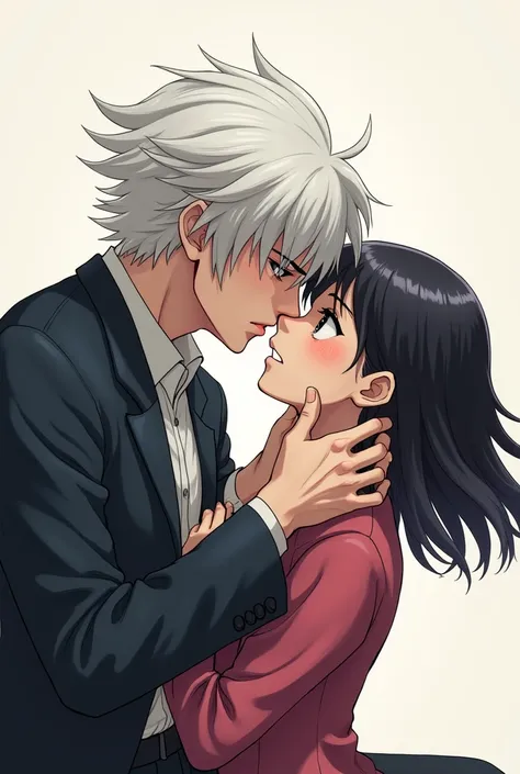 Create a dominant white straight-haired boy squeezing a submissive girl by the chin and kissing her in anime format 