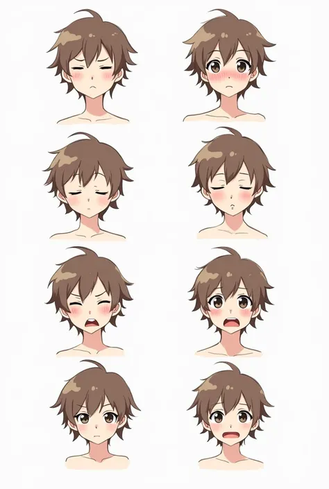 Simple minimalist sketched anime style, the same girl brown short hair over size style, solid white background, she makes different facial expressions she turns red nervous 