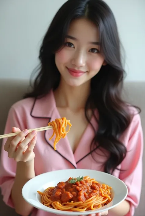 "K-POP style women&#39;s realistic images、Korean Beauty, length, Wavy black hair. She is eating pasta with meat sauce in her hand on the sofa in her living room at home.、She is wearing pink pajamas.,The back wall is white、No decoration。