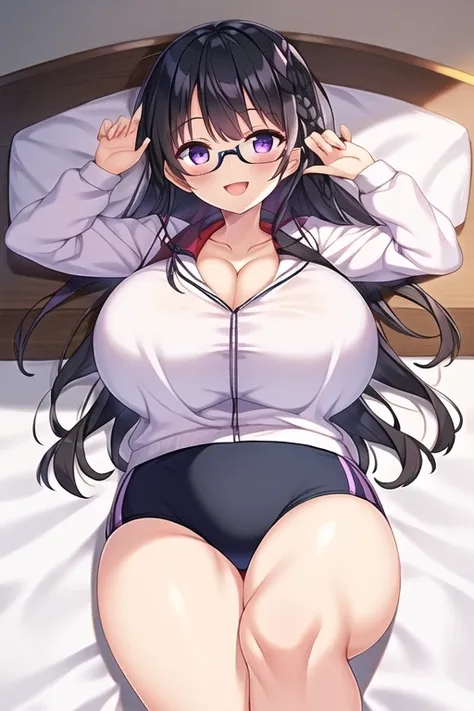 (one girl), (black hair:1.1), (large scale), (purple eyes), (braid), (glasses), (huge breasts), (smile), (:d), (intricate iris d...