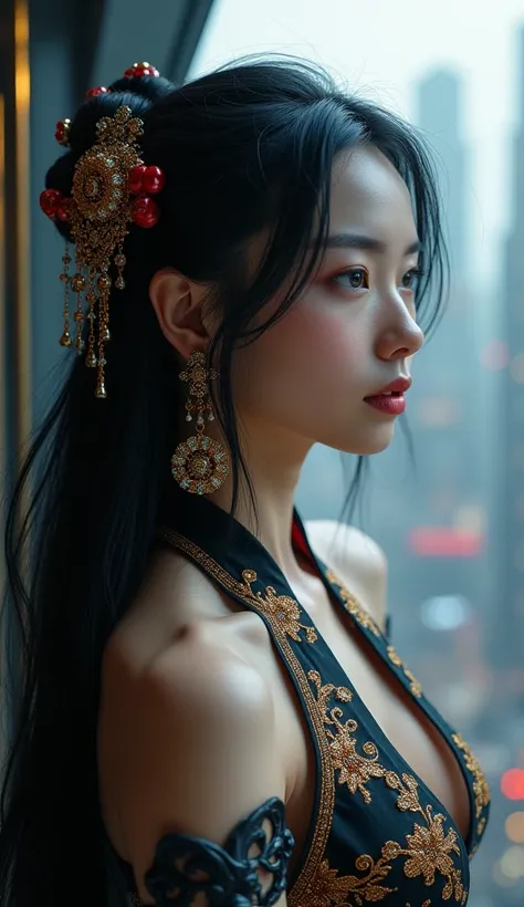 A young woman with long black hair, her outfit decorated with glittering Chinese motifs, gazes over a dark cyberpunk city. Her smooth thighs and fair skin, adorned with glittering jewelry, glow in the cinematic lighting. The scene is rich in hyper-detailed...