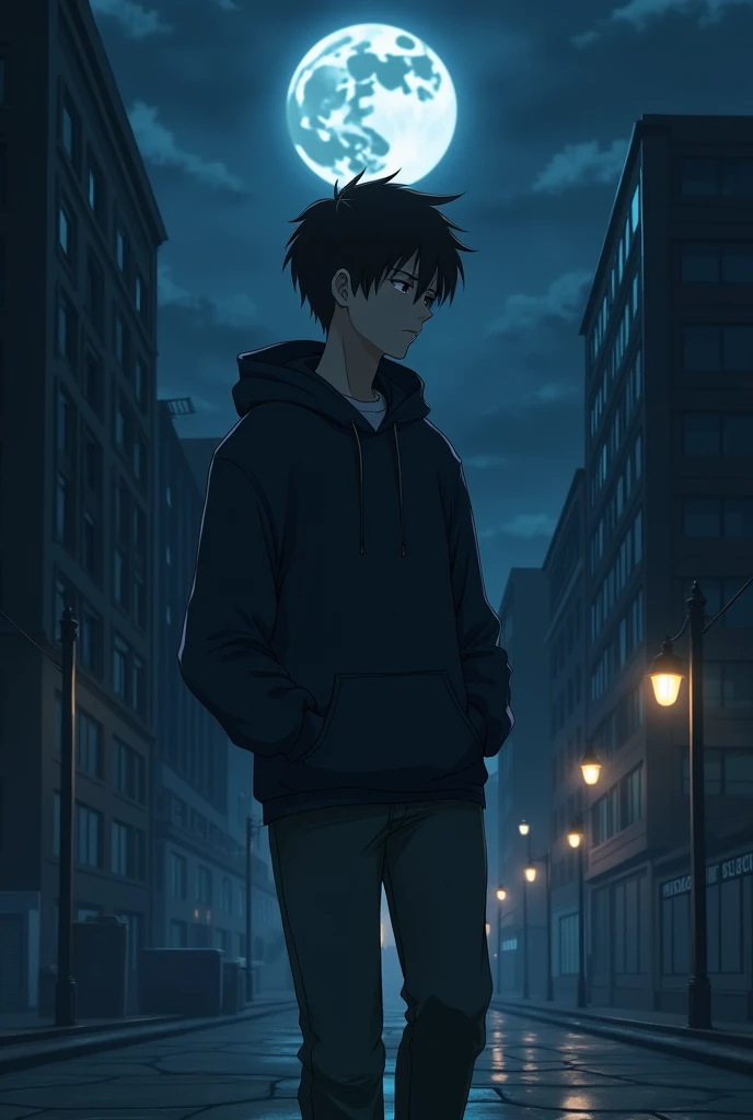 Anime boy walking in city at night with hands in pockets wearing hoodie dark sky big moon behind him. The photo is sideways, far from the boy, he appears from a distance, but not very far away.. His features must be seen.. he is sad