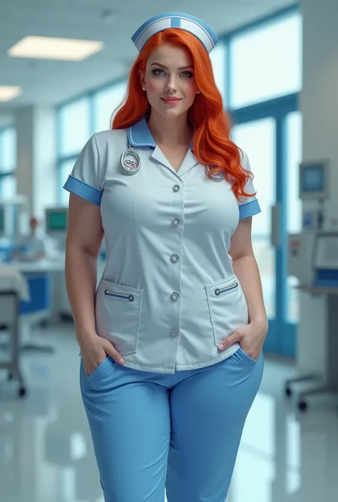 A busty girl with red hair in a nurse&#39;s uniform