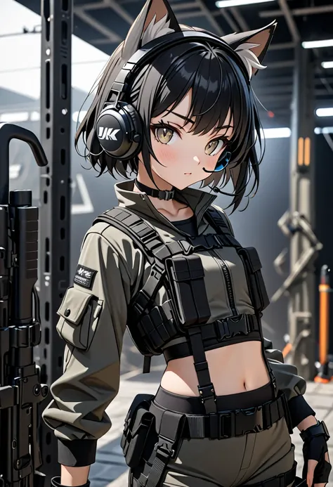 8k ultra high-quality, ultra-detailed, high quality, black hair, short hair, flat chest, headset, goggles, cat girl, grey tactic...