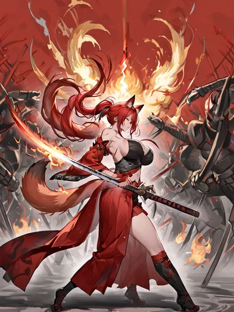  8K Top quality Masterpiece Somewhat close Long red ponytail Red fox ears Nine fox tails Very large breasts Red eyeshadow on lower eyelids Five fingers Alluring Japanese style Kimono Wearing a red jacket Long hakama Toned body Flame hell Japanese sword wit...