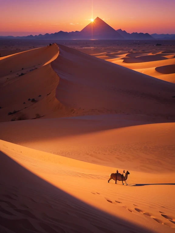 The Most Beautiful Deserts in the World, Sand dunes at sunset in the desert, Purplish gradient sunset, (A few camels look small in the distance and silhouette, Several Camels silhouette Walking along a desert ridge), (A desert oasis with palm trees of clea...