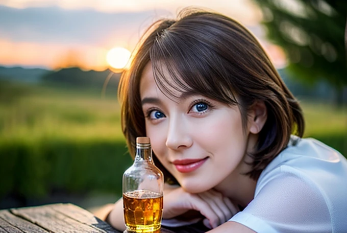 (Realistic, 超Realistic:1.4), 16k hdr, High resolution,Brown short hair,The best smile、Japanese actress,Super Beauty(Like the real thing),Short sleeve dress,Whiskey bottles、The Macallan、Johnnie Walker、、Old Parr、whiskey、Slim couple、Model Couple、(Realistic, I...