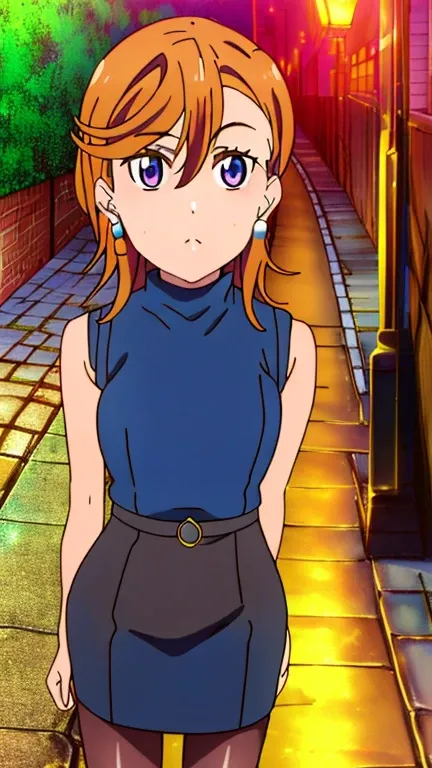 (masterpiece, best quality, 8k:1.2),Very detailed, (anime:1.1), misaka_mikoto, brown hair, medium hair, hairpin, , medium breasts, 1girl, ((Dark blue turtleneck sleeveless knit), pencil skirt, on the city street, necklace, earrings, knee-high stockings), F...