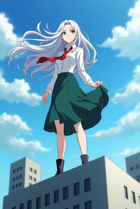 Create a Boku no hero academia screenshot of a woman with long white hair down to her waist, curly hair,  blue colored eyes, very thin waist,  very wide hips,thick-thighs, full body image, green skirt that fits the body, long sleeve fitted formal blouse, b...