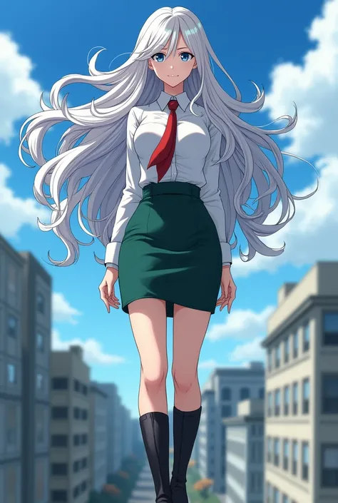 Create a Boku no hero academia screenshot of a woman with long white hair down to her waist, curly hair,  blue colored eyes, very thin waist,  very wide hips,thick-thighs, full body image, short green skirt, very tight to the body, long sleeve fitted forma...