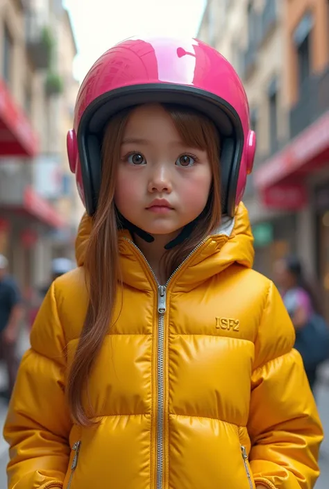 Girl with yellow jacket and pink helmet