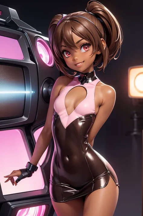 (masterpiece) (high Res), (robot), (Perfect face), (perfect anatomy) Television Head, girl() in super tight clothes, (tube dress), pink glowing eyes, (flat chest:1.6), short, (((Brown skin))), black high heels, grin, (TV Head), (tv girl), (Television Head)...