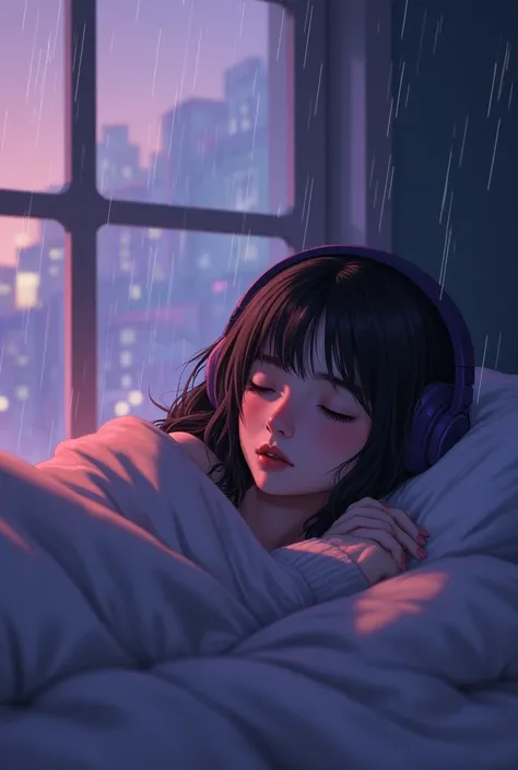 In a fantasy mood.A teenager girl sleeping on bed, wearing headphones beside windows where the rain was coming outside of the house and holding her blanket very tightly and pink and purple mixed light reflected on her face 