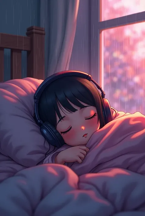 In a fantasy mood.A a cute and chubby teen girl sleeping on bed, wearing headphones beside windows where the rain was coming outside of the house and holding her blanket very tightly and pink and purple mixed light reflected on her face 