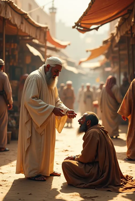 illustrate a bustling ancient market scene in the city of mecca. in the foreground, a kind, elderly man dressed in white robes is gently feeding a blind beggar sitting on the ground. the beggar is ragged but calm, with his hands outstretched, unaware of wh