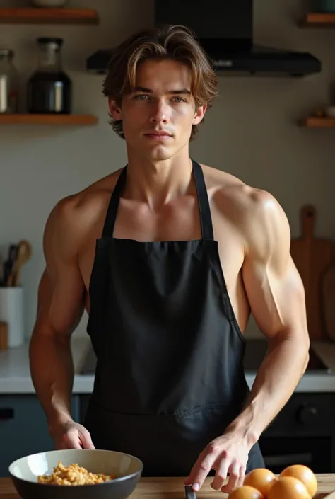 young handsome teen, naked, cooking with black apron, big fat man boobs, muscular body, clean face with mid short hair