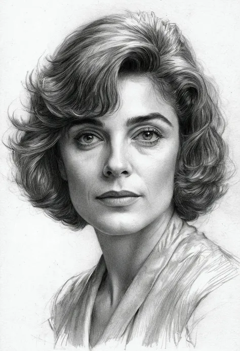 A delicate, graphite sketch portrays, a beautiful Anne Bancroft,  without background, her features rendered in subtle shading and precise lines. The framing is tight, focusing attention on the subjects serene face. Soft, feathery strokes convey the gentle ...