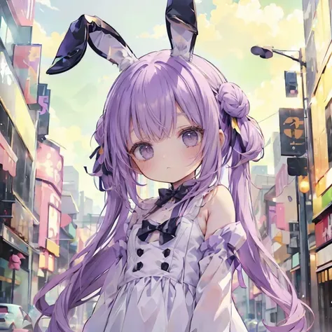 1 person、girl、cute、small bunny girl、bunny ears、color palette(purple、white、)