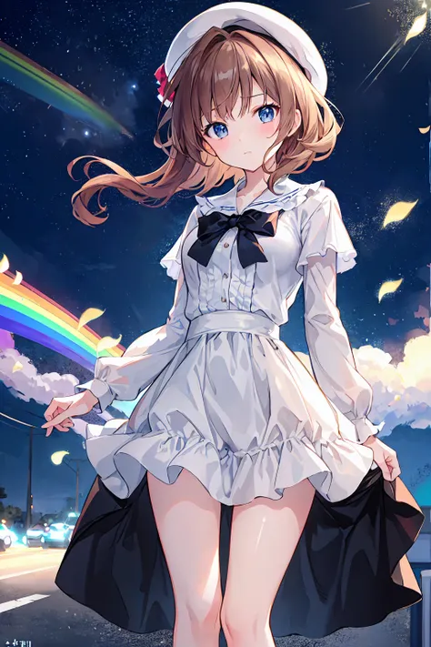 （In 8K, Highest quality, Tabletop:1.2)、超High resolution, 1 1 Female,Detailed fingers,Highly detailed face,Deep and detailed,Light brown hair,Blunt bangs,Shiny Hair,Burberry Check Beret,(Petal collar shirt),Burberry check tiered skirt,(Rainbow light:1.4)、so...