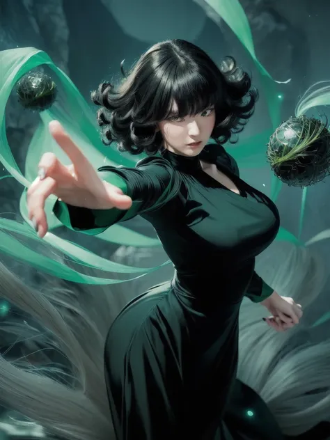 ((super realistic)), a close up of a woman in a black dress holding a green ball, tatsumaki from one punch man, tatsumaki, fubuki, tatsumaki with green curly hair, black - haired mage, portrait of a female hero, female character, girl realistic