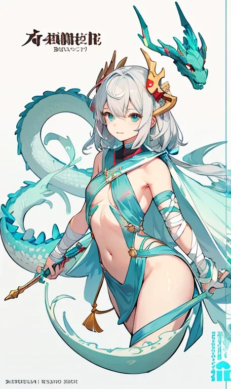 Snake hair.Dragon Horn，Half Skull Mask. Features of the five senses of Asians，Bandage wrapping，Bones wrapped around the chest，Sexy lower body，Silver，Sexy，aesthetics， Holding an irregular spear，Three White. Anime animation style.There&#39;s a skeleton monst...