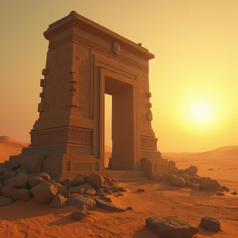 (desert), In the desert, an ancient relic quietly tells the story of the past. The ruins under the sunlight appear solemn and mysterious. The colors are mainly the earthy yellow of the ruins and the red of the desert, and the light and shadow are mainly th...