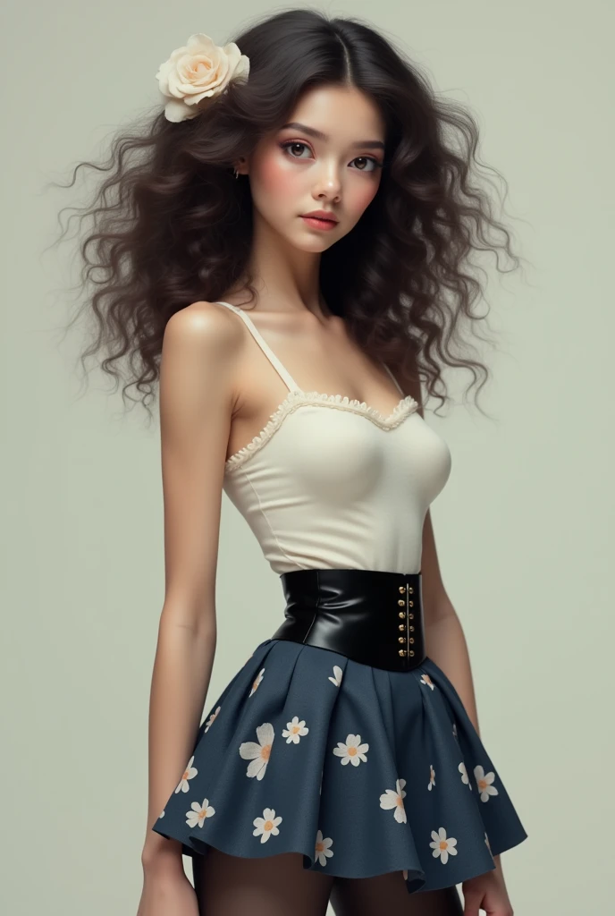 curly hair girl with bow behind and white top and dark blue floral skirts with a black corset belt and black stockings 