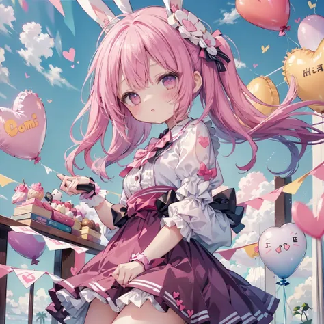 1 person、the best composition、💛、🎀、girl、cute、小さなウサギのgirl、bunny ears、color palette(magenta、white、)、the background is a heart-shape...