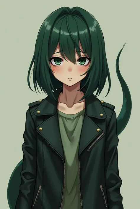 Young woman. Dark green shoulder length hair. Leather simple jacket. fantasies. Dark green eyes. bruises under the eyes. tired look. Dark green lizard tail. anime style, anime, 