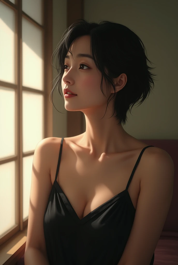 
A Japanese woman in her 50s、Sheen wearing an elegant and simple black slip。She is medium tall and、Has short black hair、Many wrinkles on the face、She has a calm expression and is smiling slightly.。The background is a simple room、Soft natural light pours in...