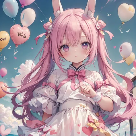 1 person、The best composition、💛、🎀、girl、cute、小さなウサギのgirl、Bunny ears、Color Palette(Magenta、white、)、The background is a heart-shaped balloon and blue sky、Clean detailed eyes、