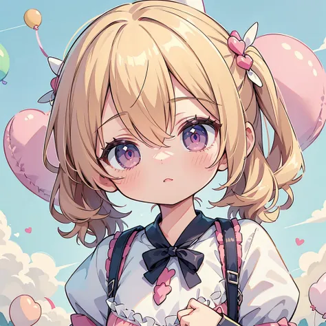 1 person、The best composition、💛、🎀、girl、cute、小さなウサギのgirl、Bunny ears、Color Palette(Magenta、white、)、The background is a heart-shaped balloon and blue sky、Fantasy、Candy Country、Clean detailed eyes、