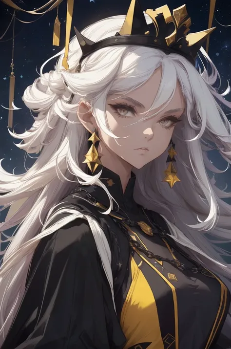 {white hair}, {very long hair}, gloves, black yellow coat, bandaged wrist, torn clothes, {{black}} eyeshadow, black and white eyes, earrings, {{floating crown}}, {star halo}, detached wings, {{masterpiece}}, {1girl}, black smear on right side of face, spac...