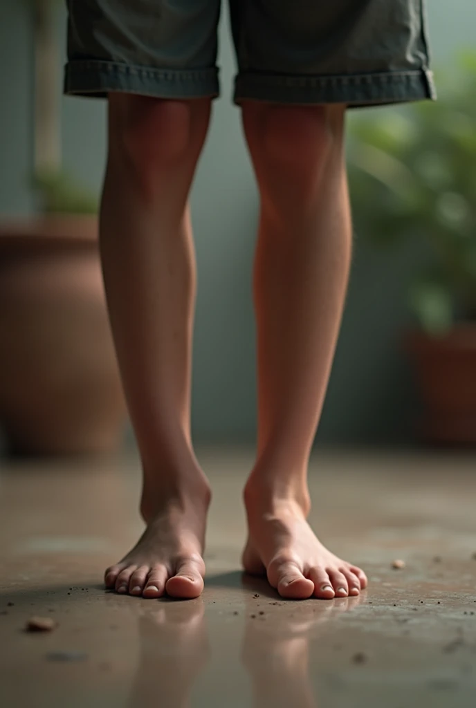 Teenage boy standing with bare feet closeup.