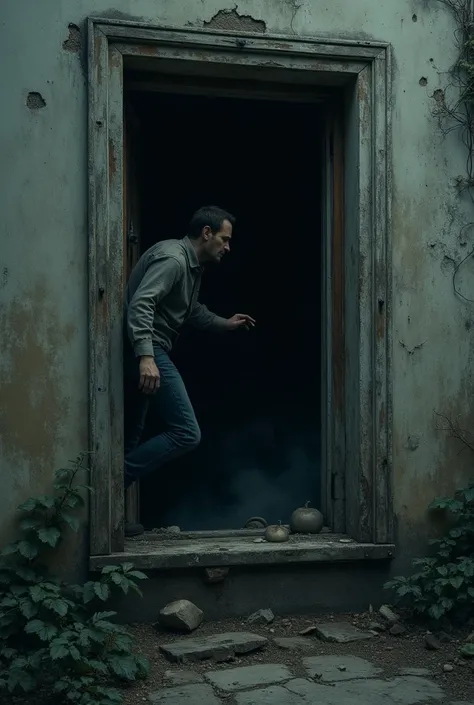 derelict house, old and dark room man escaping through the open window 