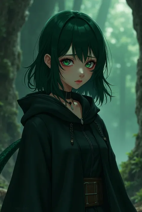 woman. Dark green shoulder length hair. Dark cloak. fantasies. Dark green eyes. bruises under the eyes. tired look. Dark green lizard tail. anime style, anime, narrow pupils, Circles of the eyes, sleepy, full length