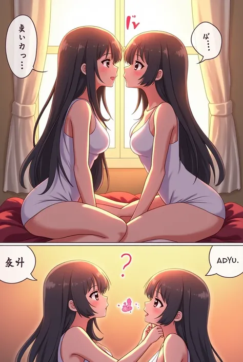 2girls, Japanese girls, anime style, (((((((((erotic body))))))))), ((((((((((same face and same figure)))))))))),living room or bed room, (((((((((Suddenly, there were two of us. The two of us started arguing about which one was the real me. Rightside me ...