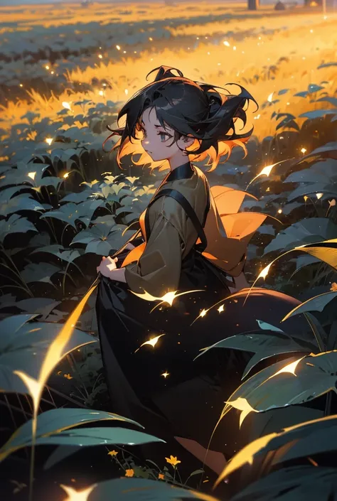 A 20 year old woman is walking in the dark night in a Lily Field, her hair is black, her eyes are red, fireflies are flying, the moon is shining full of stars.