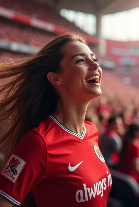 Create a realistic image of a stunning and sexy woman in the Bristol City stadium, wearing a t-shirt with the text Red and White Always in Sight!, showing her enthusiasm and passion for the team, not bristol city texte