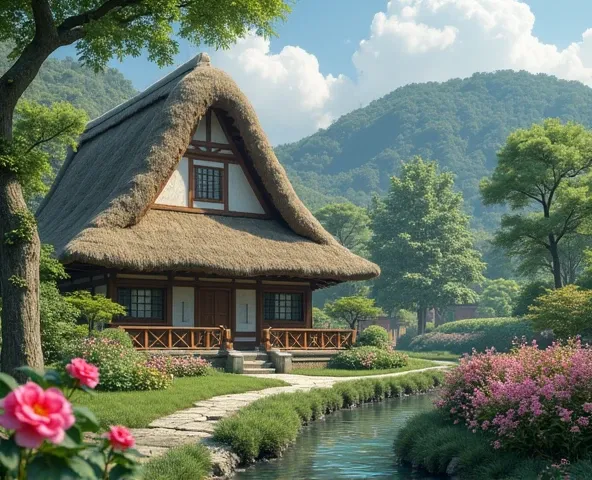 My house、Old Japanese thatched roof farmhouse、A stream flows through the beautiful garden、Flowers in the garden々blooms profusely