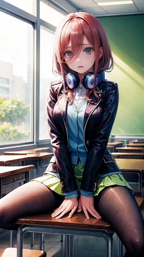 highest quality、1girl,((gloomy:1.3)),Nakano Miku,Miku Nakano,nm1, headphones around neck, , long sleeves, blue cardigan, green skirt, pantyhose, black jacket, open jacket,mini skirt,lift skirt,((panties under pantyhose:1.1)),classroom,spread legs