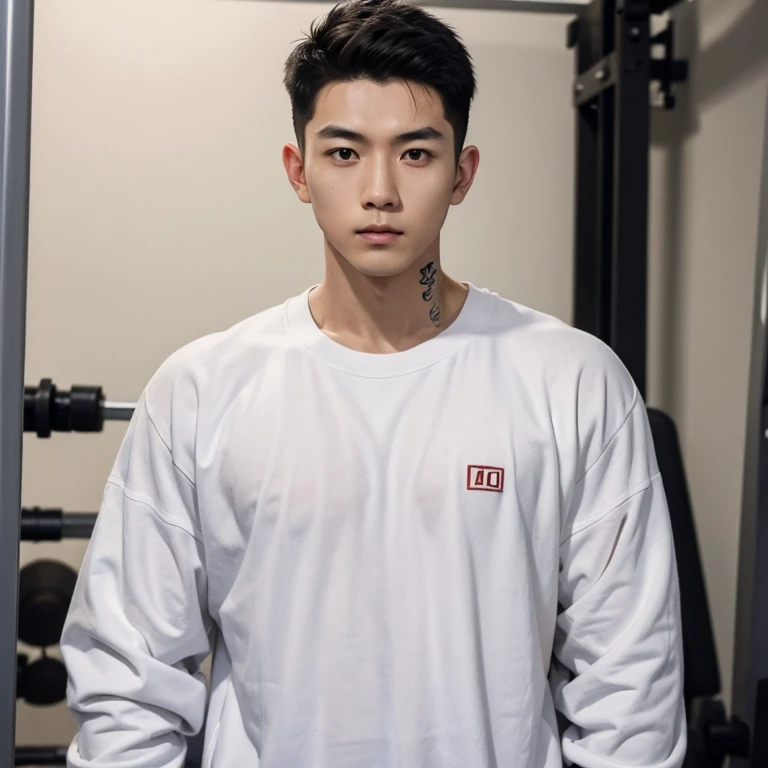 One asian male in his twenties, tattoo on chest, standing, pose for camera,focus face, wearing white wet sweat shirt, full of sweat, in the gym